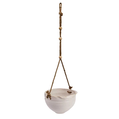Hanging Stoneware Planter with Wood Beaded Rope
