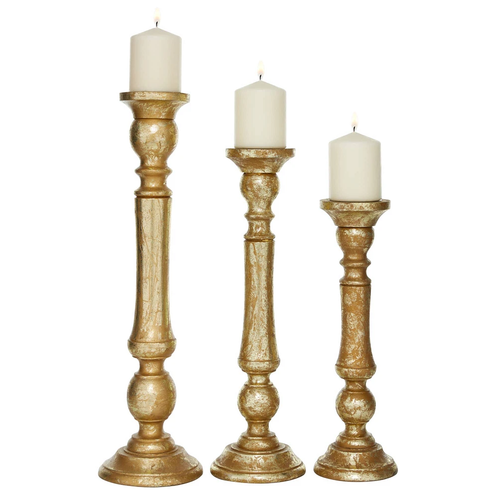 Gold Mango Wood Traditional Candle Holder Set