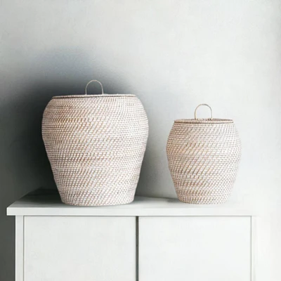 Whitewashed Rattan Basket with Lids Set