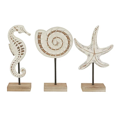 Set of 3 White Plastic Coastal Sea Animals Sculpture, 13.25", 13.25", 13"