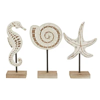 Set of 3 White Plastic Coastal Sea Animals Sculpture, 13.25", 13.25", 13"