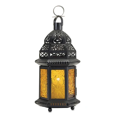 10" Black Moroccan Style Hanging Candle Lantern with Etched Yellow Glass