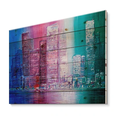 Designart - Skyscrapers Abstract Style Cityscape Panorama II - Modern Print on Natural Pine Wood
