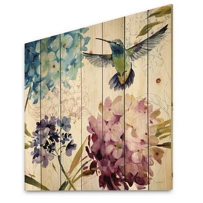 Designart - Humming bird Blue Cottage Flower - Farmhouse Print on Natural Pine Wood