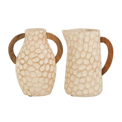 Beige Paper Mache Honeycomb Inspired Jug Vase with Wooden Handle Set