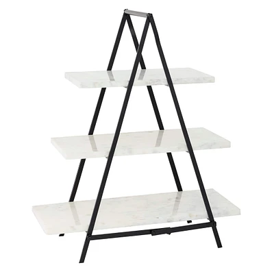 23" White Marble & Iron Contemporary 3-Tier Tray Stand