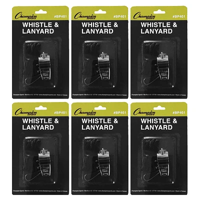 Champion Sports Metal Whistle & Black Lanyard Set, 6 Pack