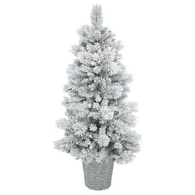 5ft. Pre-Lit Flocked Ashton Pine Artificial Christmas Tree in Planter, Warm White Lights