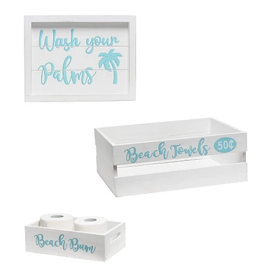 Elegant Designs Large White Wash Coastal Towel Holder, Frame & Toilet Paper Holder Set
