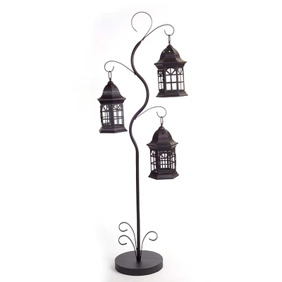 51.25'' Antique Brown and Black Metal Triple Lantern Tree