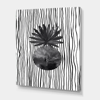 Designart - Black and White Tropical Leaf On Striped I - Modern Canvas Wall Art Print