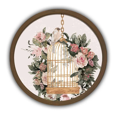 Vintage Floral Bird Cage Round Framed Print