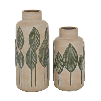 Set of 2 Beige Stoneware Coastal Style Vase, 11", 14"