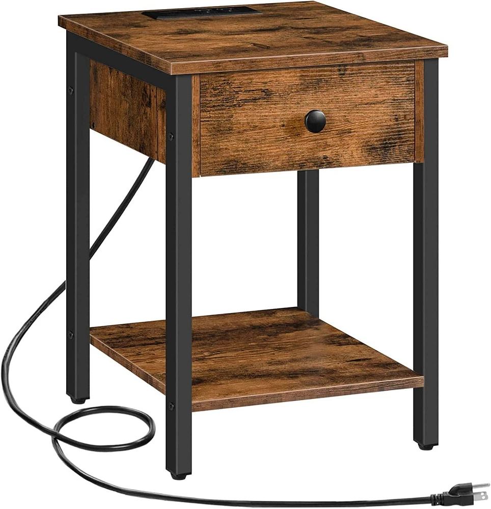 NEX™ Rustic Brown Nightstand End Table with USB Ports & Power Outlets