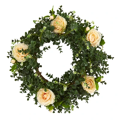 18" Green & Peach Eucalyptus with Camellia Double Ring Wreath