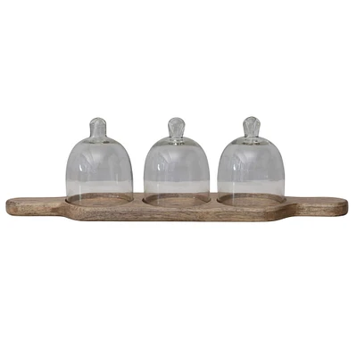 Hello Honey® Mango Wood Serving Tray with 3 Glass Cloches Set