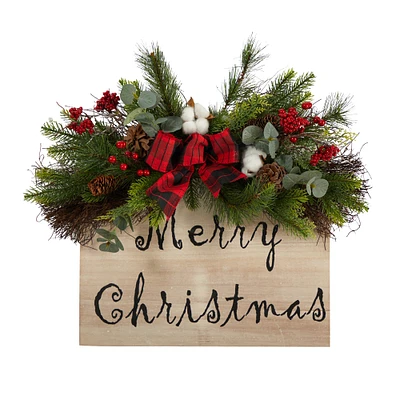 20" Holiday Merry Christmas Door Wall Hanger with Pinecones & Berries
