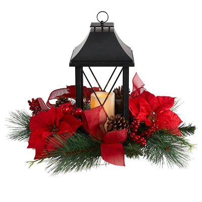 15" Red Poinsettia, Pinecone & Greenery Lantern with LED Candle Artificial Christmas Arrangement