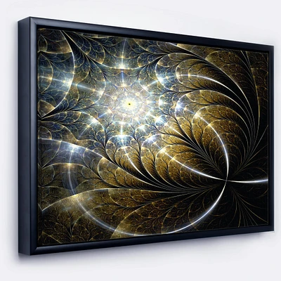 Designart - Symmetrical Dark Golden Fractal Flower - Abstract Canvas Print in Black Frame