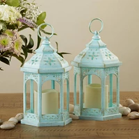 LED Blue Hexagon Distressed Lantern Set