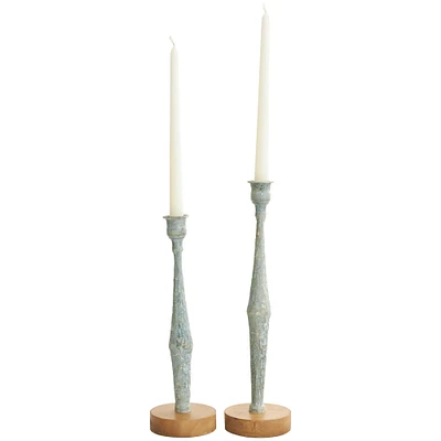 Light Blue Metal Textured Tapered Candle Holder Set