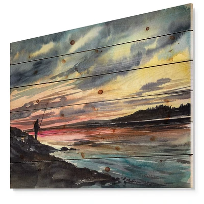 Designart - Fishing Man over Sunset Sky - Landscapes Painting Print on Natural Pine Wood