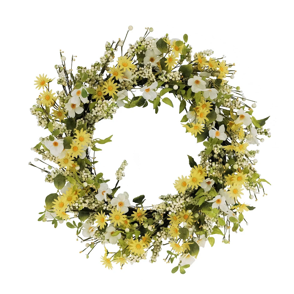 30" Yellow & White Dogwood & Daisy Floral Spring Wreath