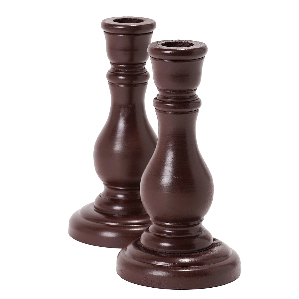 American Art Decor 6.5" Dark Brown Wood Taper Candlestick Holders, 2ct.