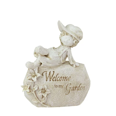 7.5" Ivory Welcome To My Garden Boy on Rock Outdoor Patio Garden Statue