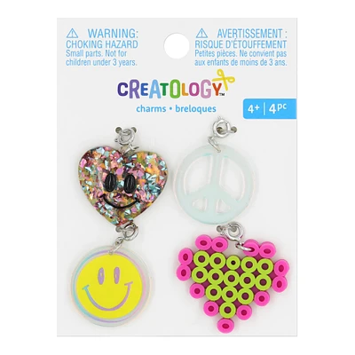 Glittery Heart, Peace Sign, Smiley Face & Melted Bead Heart Charms by Creatology™