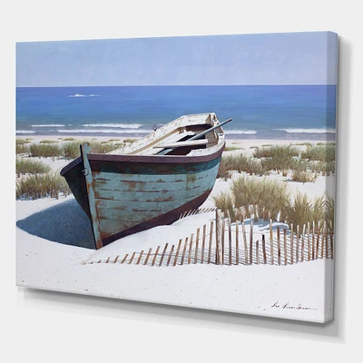 Designart - Blue Boat on Beach - Nautical & Coastal Canvas Artwork