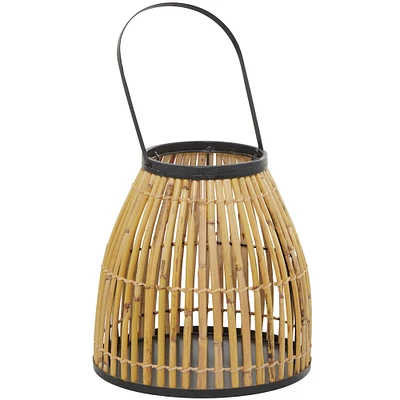 The Novogratz 15" Brown Wicker Handmade Slatted Frame Candle Lantern with Handle