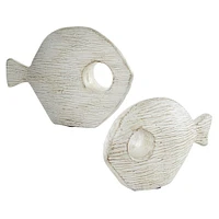 Set of 2 White Ceramic Coastal Fish Sculpture, 13", 9"