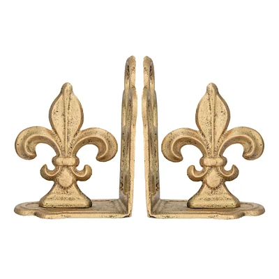 Distressed Gold Fleur de Lis Shaped Iron Bookends Set