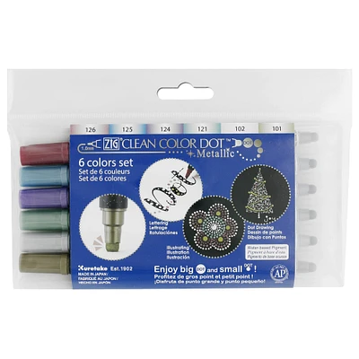 Zig® Clean Color Dot™ 6 Color Dual Tip Metallic Marker Set