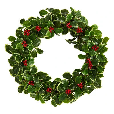 22" Variegated Holly Leaf with Berries Christmas Wreath