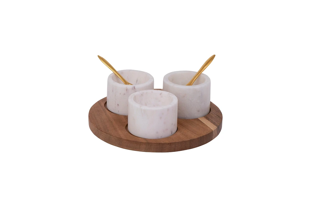 Round Acacia Wood Board with Marble Pinch Pots & Spoons Set