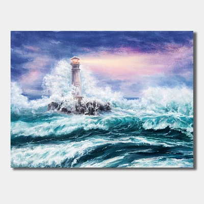 Designart - Lighthouse Wild Blue Ocean Waves