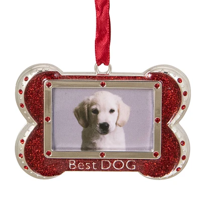 Red & Silver-Plated Best Dog Bone Frame Ornament with European Crystals