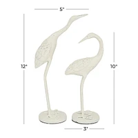 Set of 2 White Metal Coastal Bird Sculpture, 10", 12"