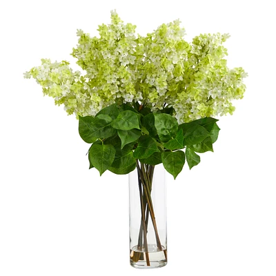 24" Artificial Green Lilac Arrangement with Cylinder Glass Vase
