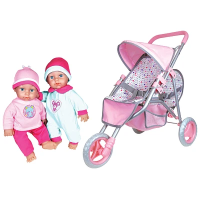 Lissi Dolls 11" Twin Baby Dolls With Twin Jogger Stroller