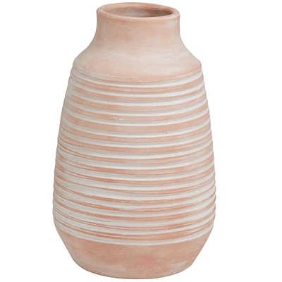 15" Pink Whitewashed Ribbed Terra Cotta Vase