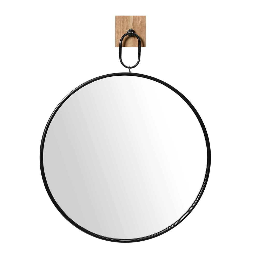 Black & Natural Modern Round Metal Wall Mirror