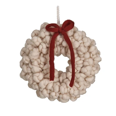 Hello Honey® 11.75" Cream Round Wool Wreath with Red Bow