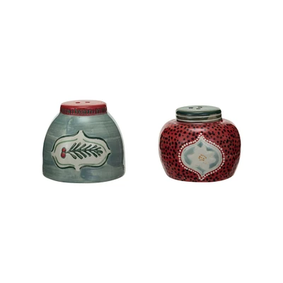 Holly & Ornament Hand-Painted Stoneware Salt & Pepper Shaker Set