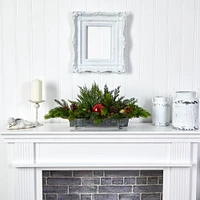 24" Cedar Pine, Pinecones & Ornaments Artificial Christmas Arrangement in Tin Vase