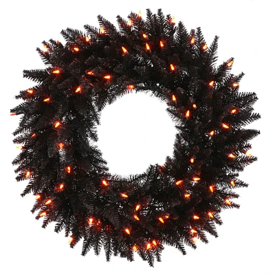 24" Pre-Lit Black Fir Artificial Christmas Wreath, Orange Dura-Lit LED Lights