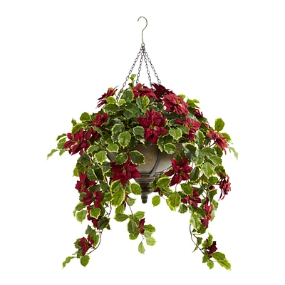 3ft. Poinsettia & Variegated Holly Plant in Metal Hanging Bowl