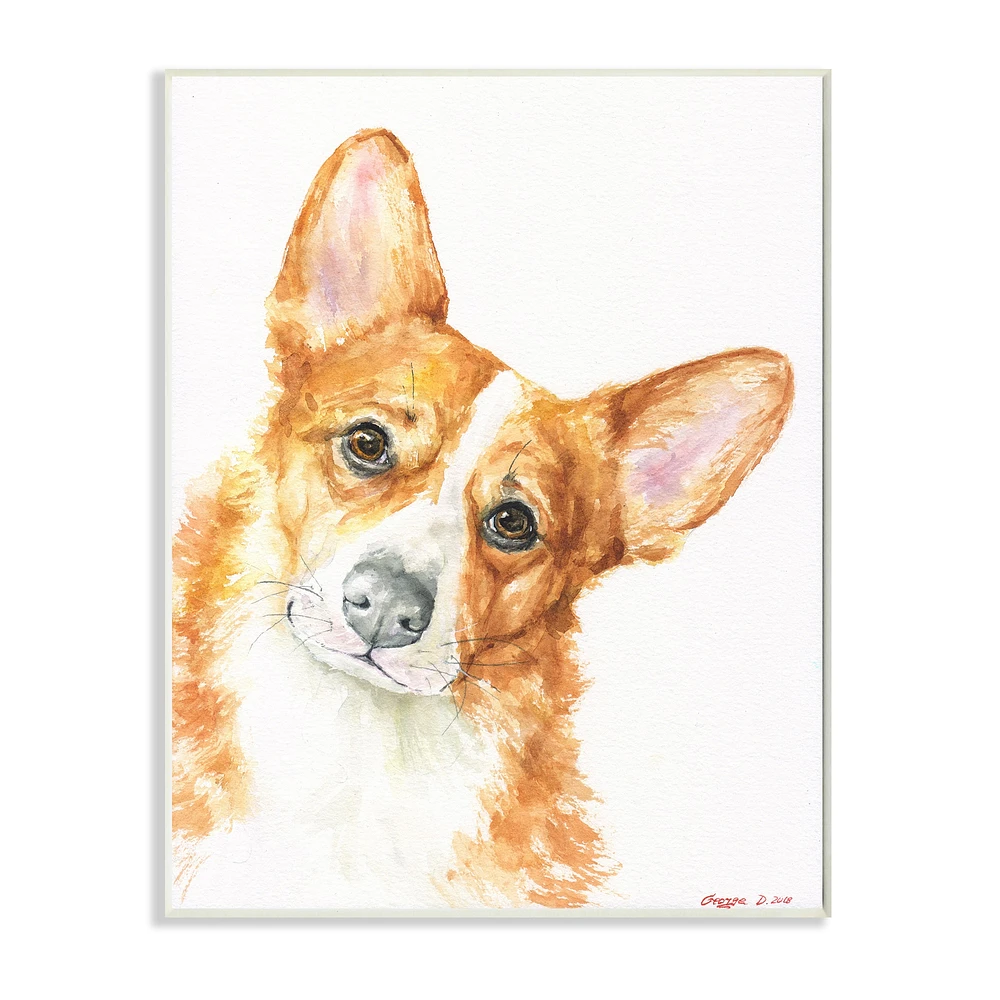 Stupell Industries Curious Corgi Dog Portrait Soft Brown Watercolor Wall Plaque